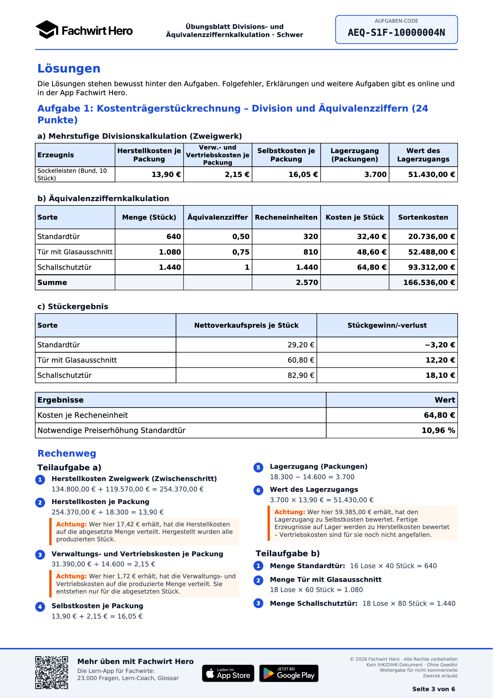 Lösung aus einem kostenlosen PDF zur Äquivalenzziffernkalkulation mit ausgefüllter Sortentabelle