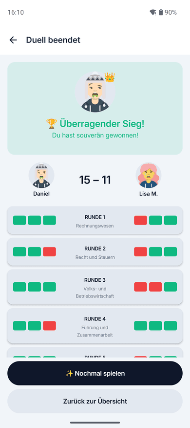 App-Screenshot auf dem Handy: „Duell beendet“ mit der Meldung „Überragender Sieg!“, dem Endstand 15 – 11 gegen Lisa M. und der Liste aller Runden mit Kategorie und richtig oder falsch je Frage