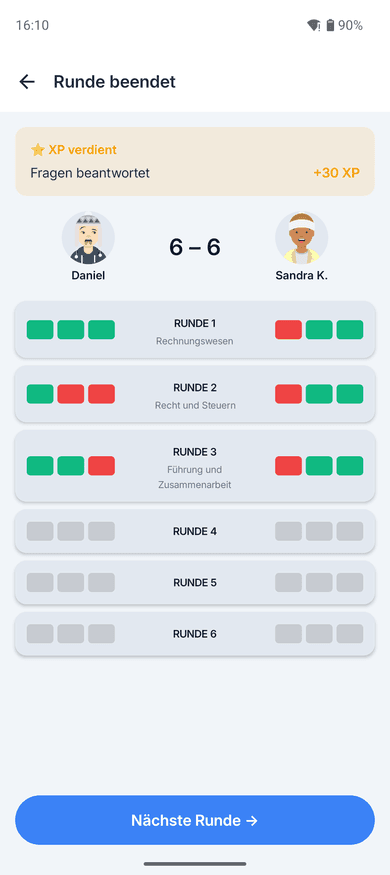 App-Screenshot auf dem Handy: Zwischenstand eines Duells nach drei von sechs Runden, 6 zu 6, darunter je Runde die Kategorie – Rechnungswesen, Recht und Steuern, Führung und Zusammenarbeit – und für beide Seiten grün und rot markiert, welche der drei Fragen richtig beantwortet wurden