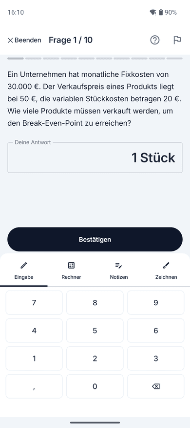App-Screenshot: Rechenaufgabe zum Break-Even-Point mit Antwortfeld und den Reitern Eingabe, Rechner, Notizen und Zeichnen