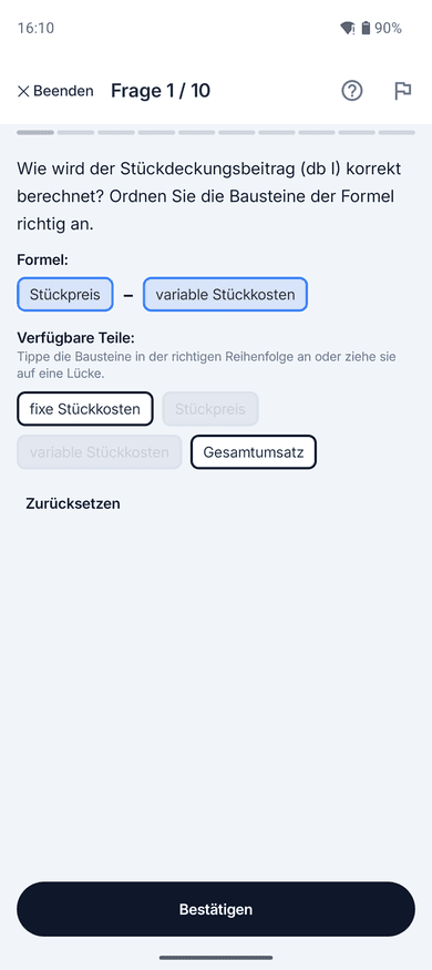 App-Screenshot: Formel für den Stückdeckungsbeitrag aus vorgegebenen Bausteinen zusammensetzen