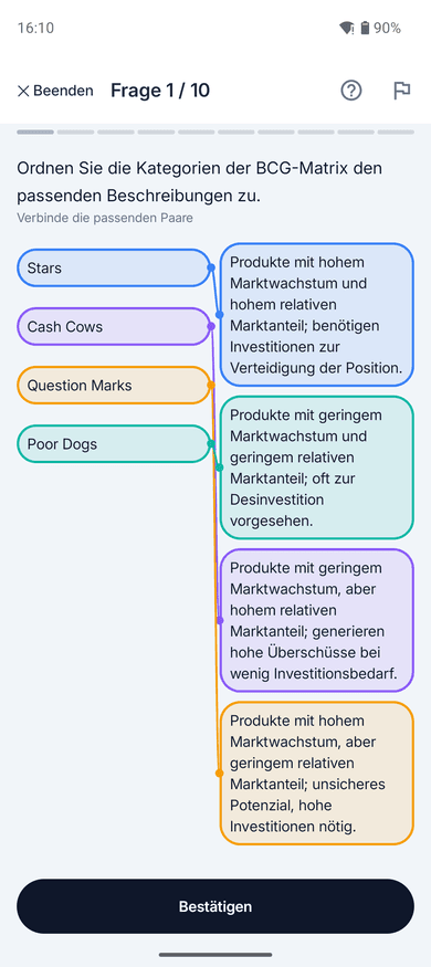 App-Screenshot: Zuordnungsaufgabe zu Formen der Unternehmenskonzentration