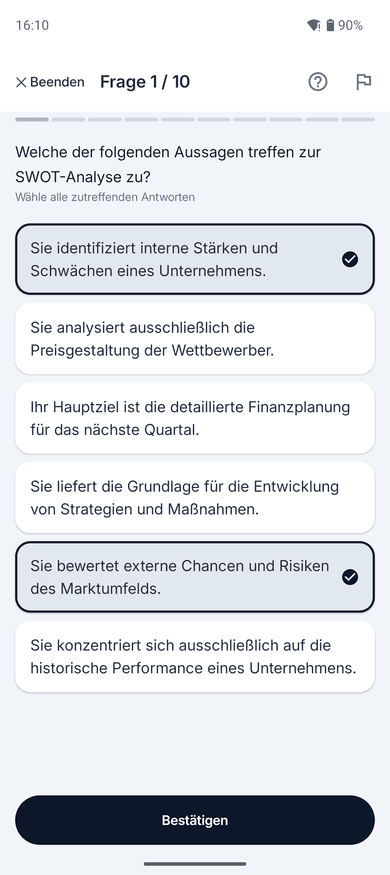 App-Screenshot: Multiple-Choice-Frage mit Mehrfachauswahl – mehrere Optionen sind gleichzeitig angekreuzt