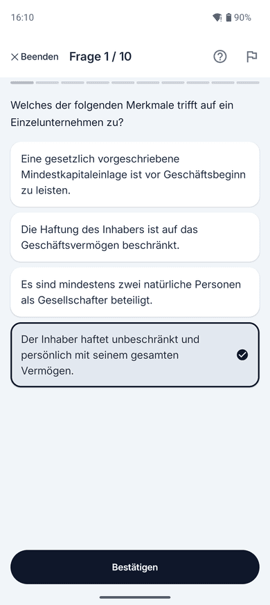 App-Screenshot: Multiple-Choice-Frage mit genau einer ausgewählten Antwort zu den Merkmalen eines Einzelunternehmens