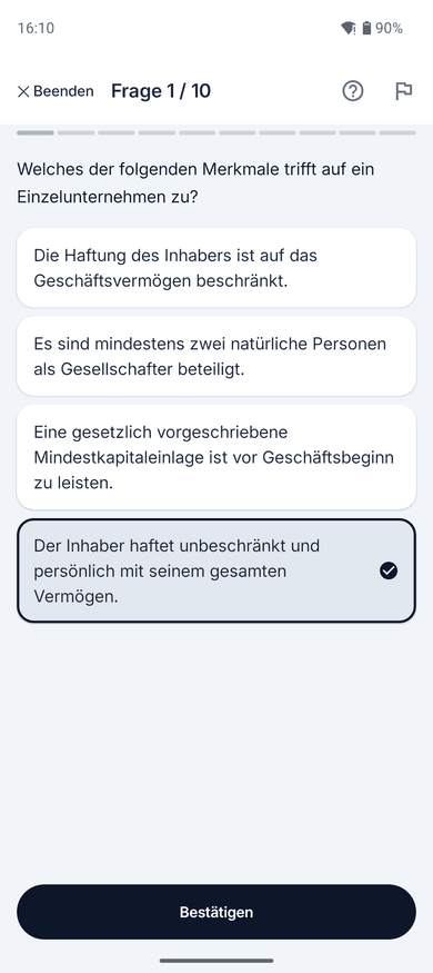 App-Screenshot: Multiple-Choice-Frage mit genau einer ausgewählten Antwort zu den Merkmalen eines Einzelunternehmens