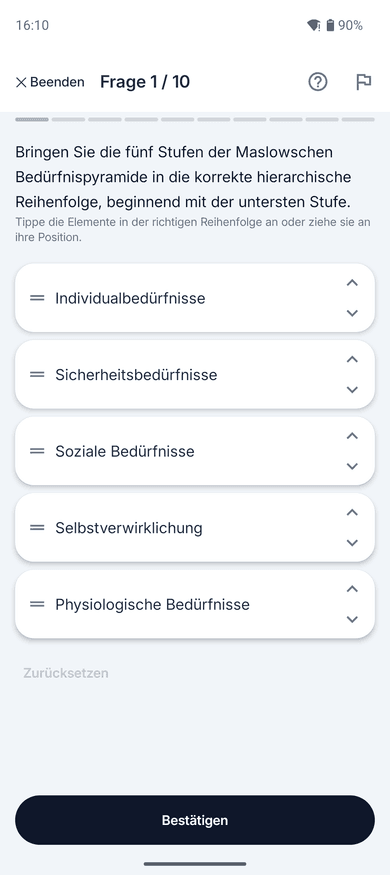 App-Screenshot: Sortieraufgabe – die fünf Stufen der Maslowschen Bedürfnispyramide in die richtige Reihenfolge bringen