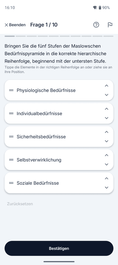 App-Screenshot: Sortieraufgabe – die fünf Stufen der Maslowschen Bedürfnispyramide in die richtige Reihenfolge bringen