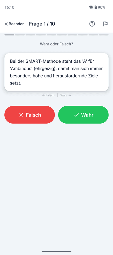 App-Screenshot: Wahr-oder-Falsch-Aufgabe zur SMART-Methode mit den Schaltflächen „Falsch“ und „Wahr“