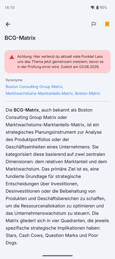 App-Screenshot auf dem Handy: Glossar-Eintrag „BCG-Matrix“ mit rot hinterlegtem Hinweis „Achtung: Hier verlierst du aktuell viele Punkte“ samt Datum des letzten Fehlversuchs, darunter Synonyme und der Artikeltext