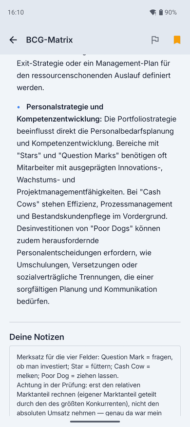 App-Screenshot auf dem Handy: unteres Ende eines Glossar-Artikels zur BCG-Matrix, darunter der Abschnitt „Deine Notizen“ mit einem selbst geschriebenen Merksatz zu den vier Feldern