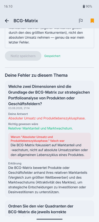 App-Screenshot auf dem Handy: Abschnitt „Deine Fehler zu diesem Thema“ in einem Glossar-Artikel zur BCG-Matrix – die falsch beantwortete Frage mit der damaligen Antwort, der richtigen Antwort und der Erklärung