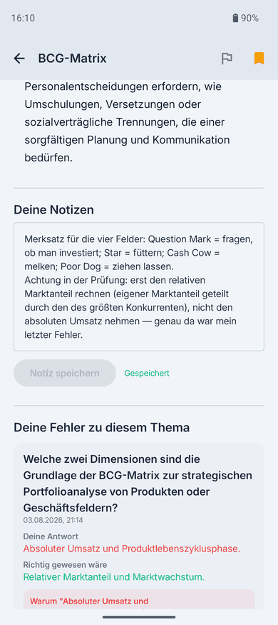 App-Screenshot auf dem Handy: unteres Ende eines Glossar-Artikels zur BCG-Matrix, darunter der Abschnitt „Deine Notizen“ mit einem selbst geschriebenen Merksatz zu den vier Feldern
