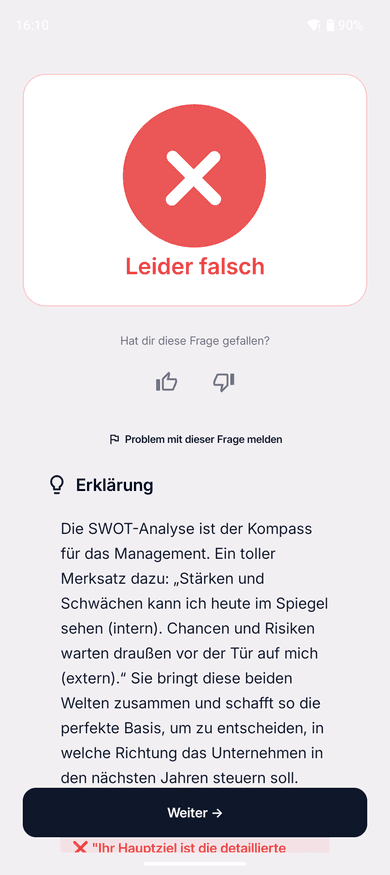 App-Screenshot: direkt nach dem Bestätigen meldet die App „Leider falsch“ und blendet darunter die Erklärung ein