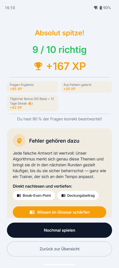 App-Screenshot auf dem Handy: Rundenergebnis mit 9 von 10 richtigen Antworten und XP-Aufschlüsselung, darunter der Kasten „Fehler gehören dazu“ mit den Schaltflächen „Break-Even-Point“ und „Deckungsbeitrag“ sowie „Wissen im Glossar schärfen“