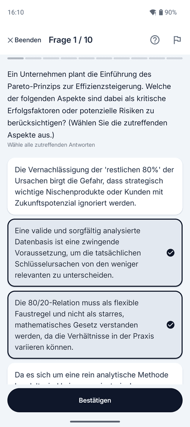 App-Screenshot: Frage mit Mehrfachauswahl zum Thema Pareto-Prinzip (80/20-Regel) – „Ein Unternehmen plant die Einführung des Pareto-Prinzips zur Effizienzsteigerung.“