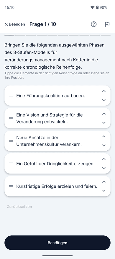 App-Screenshot: Sortieraufgabe zum Thema 8-Stufen-Modell (Kotter) – „Bringen Sie die folgenden ausgewählten Phasen des 8-Stufen-Modells für Veränderungsmanagement nach Kotter…“
