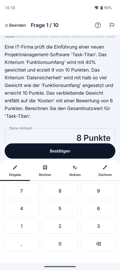 App-Screenshot: Rechenaufgabe zum Thema Nutzwertanalyse – „Eine IT-Firma prüft die Einführung einer neuen Projektmanagement-Software 'Task-Titan'.“