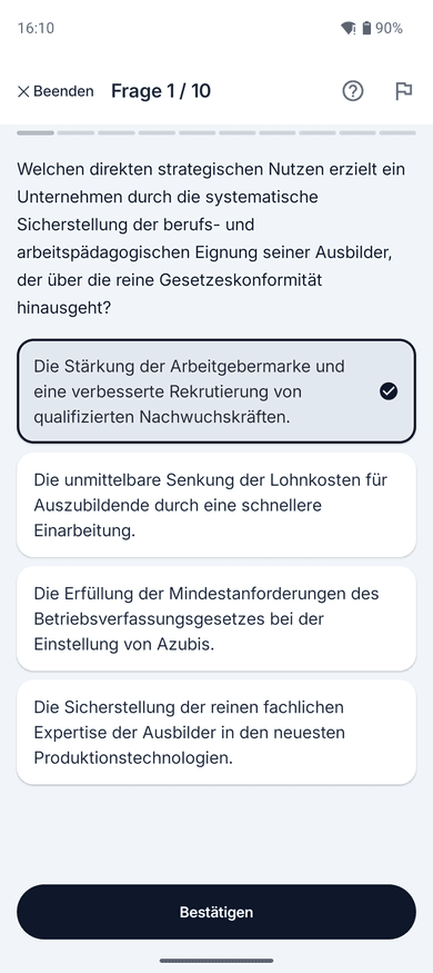 App-Screenshot auf dem Handy: Anwendungsfrage nach dem strategischen Nutzen der berufs- und arbeitspädagogischen Eignung von Ausbildern