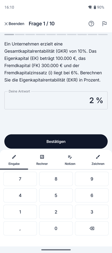 App-Screenshot auf dem Handy: Rechenaufgabe zum Thema Leverage-Effekt – „Ein Unternehmen erzielt eine Gesamtkapitalrentabilität (GKR) von 10%.“