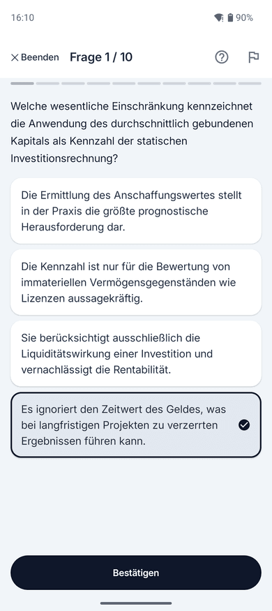 App-Screenshot auf dem Handy: Multiple-Choice-Frage zum Thema Durchschnittlich gebundenes Kapital – „Welche wesentliche Einschränkung kennzeichnet die Anwendung des durchschnittlich gebundenen Kapitals als Kennzahl…“