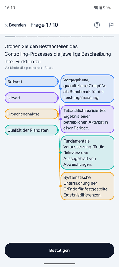 App-Screenshot auf dem Handy: Zuordnungsaufgabe zum Thema Soll-Ist-Vergleich – „Ordnen Sie den Bestandteilen des Controlling-Prozesses die jeweilige Beschreibung ihrer Funktion zu.“