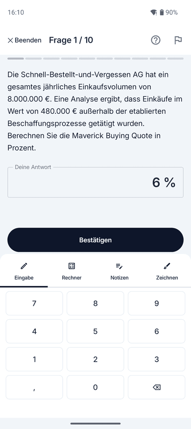 App-Screenshot auf dem Handy: Rechenaufgabe zum Thema Maverick Buying Quote – „Die Schnell-Bestellt-und-Vergessen AG hat ein gesamtes jährliches Einkaufsvolumen von 8.000.000 €.“