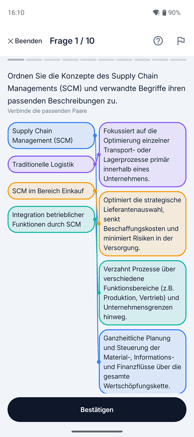 App-Screenshot auf dem Handy: Zuordnungsaufgabe zum Thema Supply Chain Management (SCM) – „Ordnen Sie die Konzepte des Supply Chain Managements (SCM) und verwandte Begriffe ihren passenden Beschreibungen zu.“
