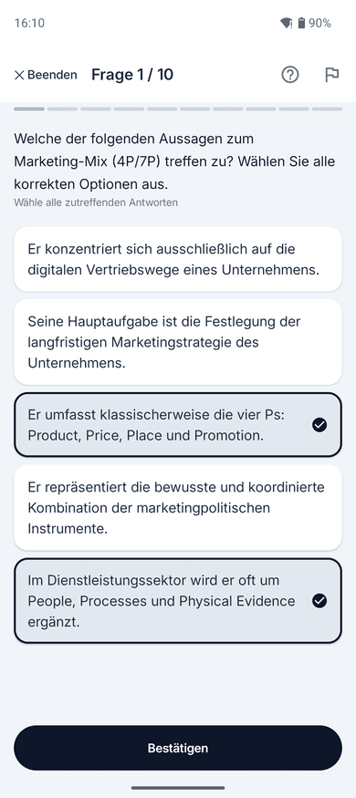 App-Screenshot auf dem Handy: Frage mit Mehrfachauswahl zum Thema Marketing-Mix (4P/7P) – „Welche der folgenden Aussagen zum Marketing-Mix (4P/7P) treffen zu?“