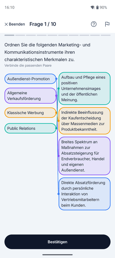 App-Screenshot auf dem Handy: Zuordnungsaufgabe zum Thema Außendienst-Promotion – „Ordnen Sie die folgenden Marketing- und Kommunikationsinstrumente ihren charakteristischen Merkmalen zu.“
