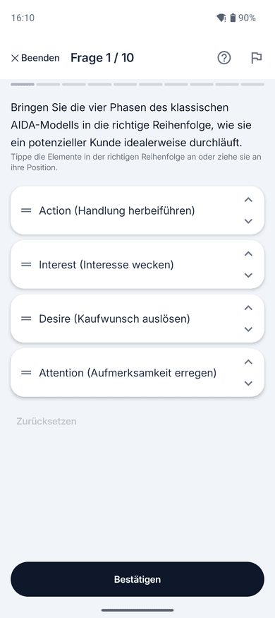 App-Screenshot auf dem Handy: Sortieraufgabe zum Thema AIDA-Modell – „Bringen Sie die vier Phasen des klassischen AIDA-Modells in die richtige Reihenfolge, wie sie ein potenzieller Kunde…“