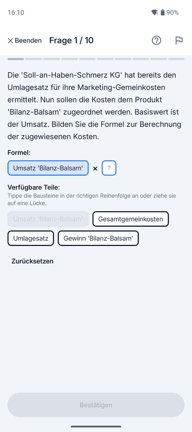 App-Screenshot: Formel-Bau-Aufgabe zum Thema Wertschlüssel – „Die 'Soll-an-Haben-Schmerz KG' hat bereits den Umlagesatz für ihre Marketing-Gemeinkosten ermittelt.“