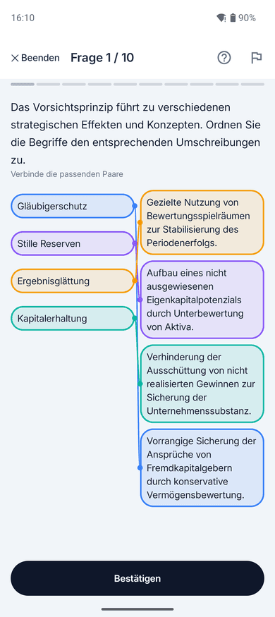 App-Screenshot: Zuordnungsaufgabe zum Thema Vorsichtsprinzip – „Das Vorsichtsprinzip führt zu verschiedenen strategischen Effekten und Konzepten.“