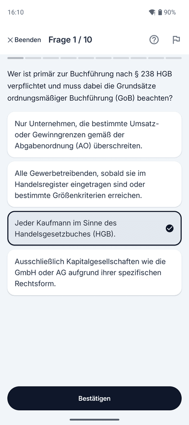 App-Screenshot: Multiple-Choice-Frage zum Thema Buchführungspflicht § 238 HGB – „Wer ist primär zur Buchführung nach § 238 HGB verpflichtet und muss dabei die Grundsätze ordnungsmäßiger…“
