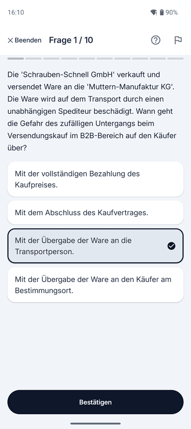 App-Screenshot: Multiple-Choice-Frage zum Thema Eigentum und Besitz – „Die 'Schrauben-Schnell GmbH' verkauft und versendet Ware an die 'Muttern-Manufaktur KG'.“