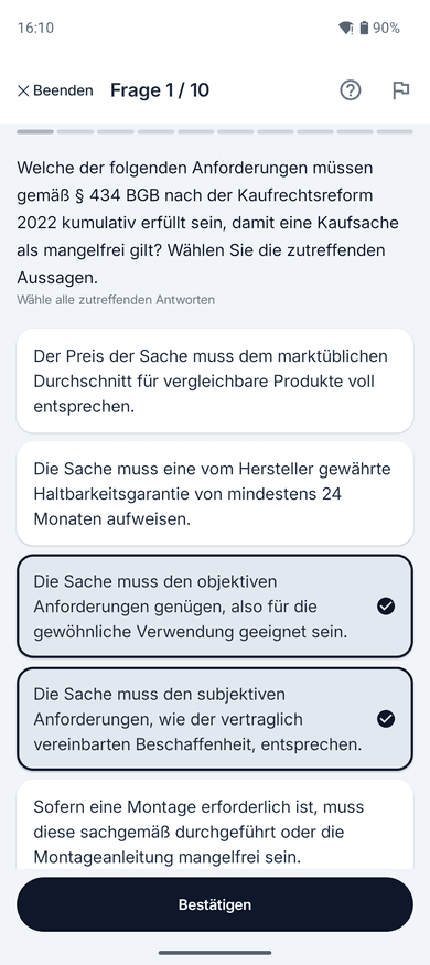 App-Screenshot: Frage mit Mehrfachauswahl zum Thema Sachmangel – „Welche der folgenden Anforderungen müssen gemäß § 434 BGB nach der Kaufrechtsreform 2022 kumulativ erfüllt…“