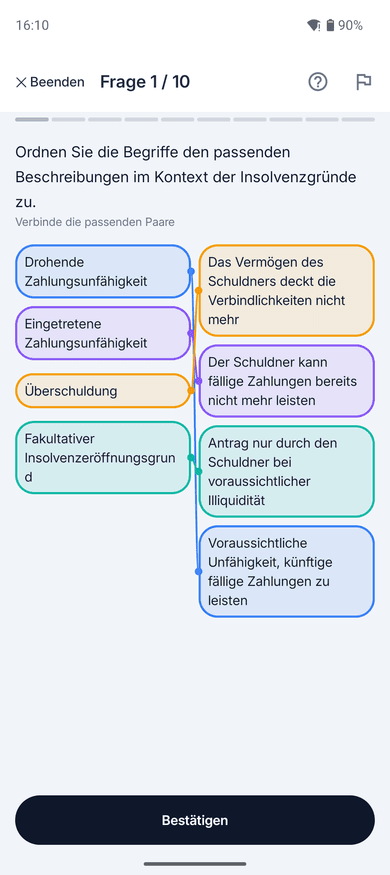 App-Screenshot: Zuordnungsaufgabe zum Thema Drohende Zahlungsunfähigkeit – „Ordnen Sie die Begriffe den passenden Beschreibungen im Kontext der Insolvenzgründe zu.“