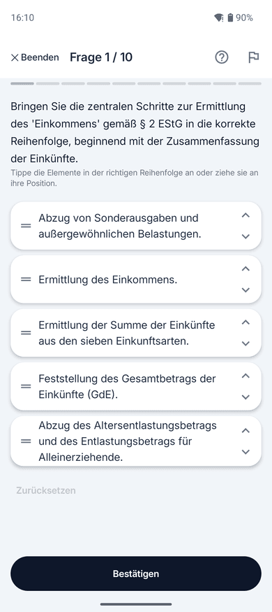 App-Screenshot: Sortieraufgabe zum Thema Zu versteuerndes Einkommen (zvE) – „Bringen Sie die zentralen Schritte zur Ermittlung des 'Einkommens' gemäß § 2 EStG in die korrekte…“
