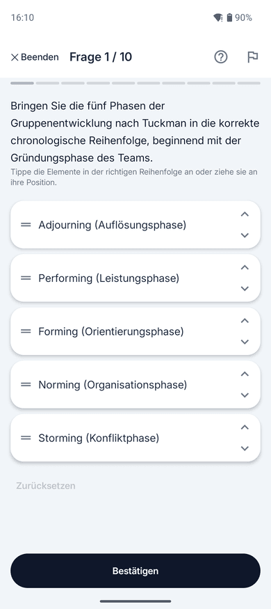 App-Screenshot: Sortieraufgabe zum Thema Phasenmodell der Gruppenentwicklung nach Tuckman – „Bringen Sie die fünf Phasen der Gruppenentwicklung nach Tuckman in die korrekte chronologische…“