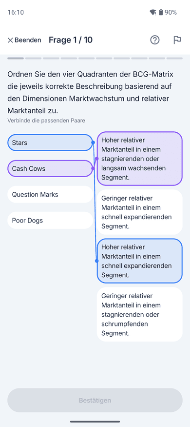 App-Screenshot auf dem Handy: Zuordnungsaufgabe zum Thema BCG-Matrix – „Ordnen Sie den vier Quadranten der BCG-Matrix die jeweils korrekte Beschreibung basierend auf den Dimensionen…“