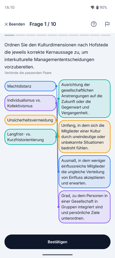 App-Screenshot auf dem Handy: Zuordnungsaufgabe zum Thema Kulturdimensionen nach Hofstede – „Ordnen Sie den Kulturdimensionen nach Hofstede die jeweils korrekte Kernaussage zu, um interkulturelle…“