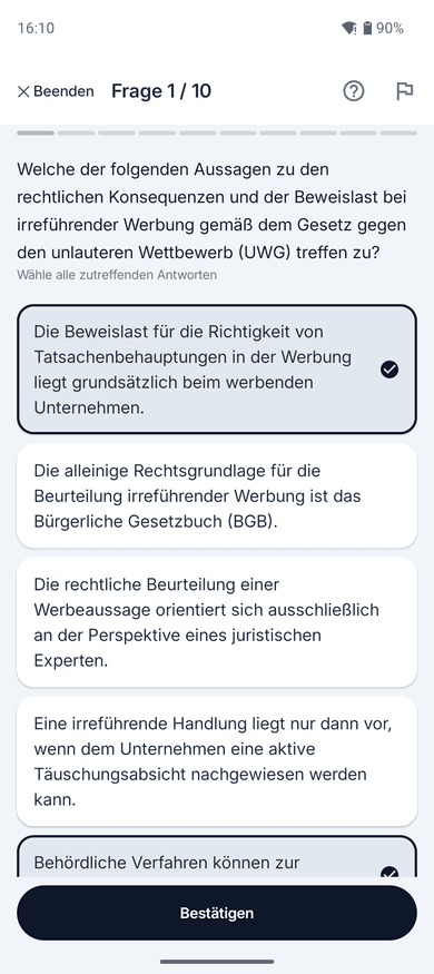 App-Screenshot auf dem Handy: Frage mit Mehrfachauswahl zum Thema Irreführende Werbung – „Welche der folgenden Aussagen zu den rechtlichen Konsequenzen und der Beweislast bei irreführender Werbung gemäß dem…“
