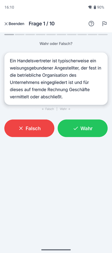 App-Screenshot auf dem Handy: Wahr-oder-Falsch-Aufgabe zum Thema Handelsvertreter (§ 84 HGB) – „Ein Handelsvertreter ist typischerweise ein weisungsgebundener Angestellter, der fest in die betriebliche…“
