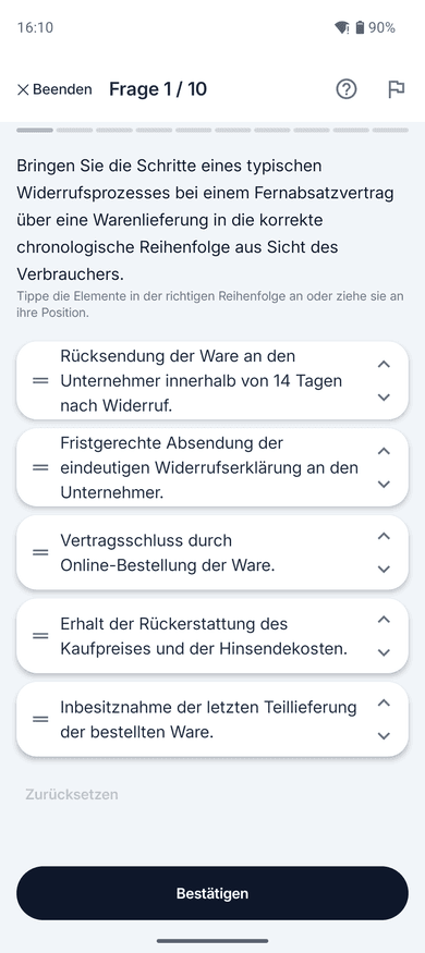 App-Screenshot auf dem Handy: Sortieraufgabe zum Thema Widerrufsfrist – „Bringen Sie die Schritte eines typischen Widerrufsprozesses bei einem Fernabsatzvertrag über eine Warenlieferung in…“