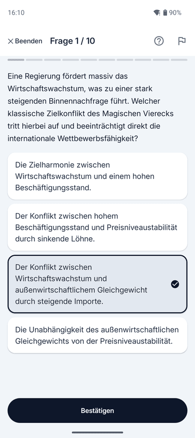 App-Screenshot: Multiple-Choice-Frage zum Thema Magisches Viereck – „Eine Regierung fördert massiv das Wirtschaftswachstum, was zu einer stark steigenden Binnennachfrage führt.“