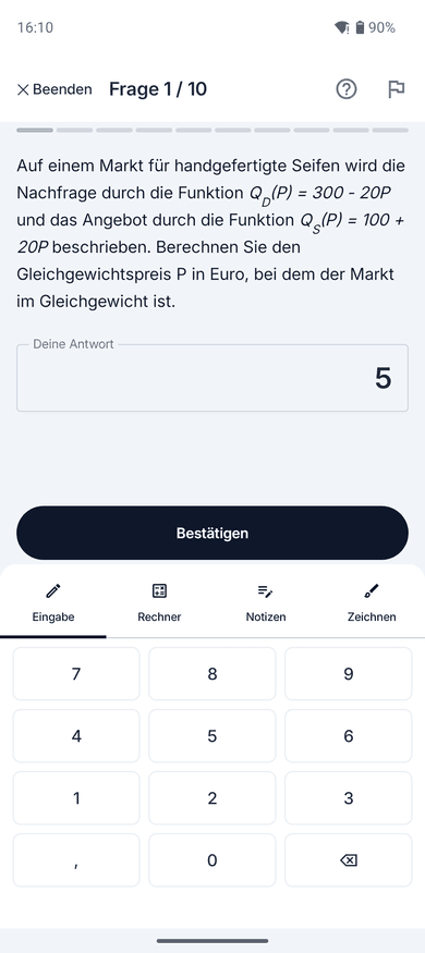 App-Screenshot: Rechenaufgabe zum Thema Marktgleichgewicht – „Auf einem Markt für handgefertigte Seifen wird die Nachfrage durch die Funktion $Q_D(P) = 300 - 20P$ und…“