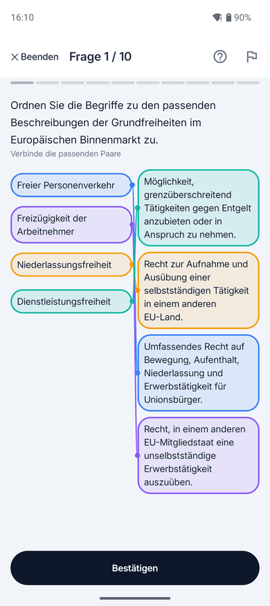App-Screenshot: Zuordnungsaufgabe zum Thema Freier Personenverkehr – „Ordnen Sie die Begriffe zu den passenden Beschreibungen der Grundfreiheiten im Europäischen Binnenmarkt zu.“