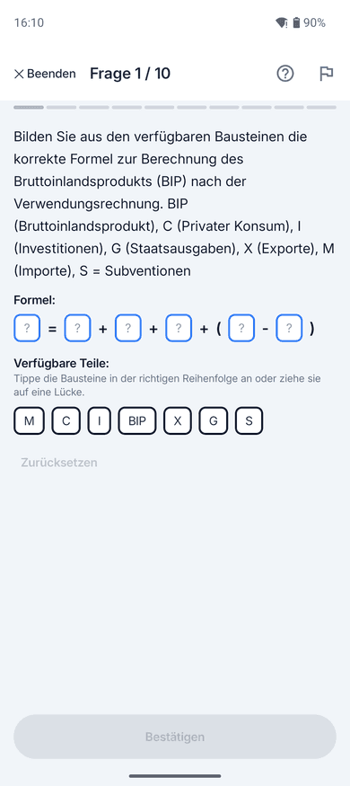 App-Screenshot: Formel-Bau-Aufgabe zum Thema Bruttoinlandsprodukt (BIP) – „Bilden Sie aus den verfügbaren Bausteinen die korrekte Formel zur Berechnung des Bruttoinlandsprodukts…“