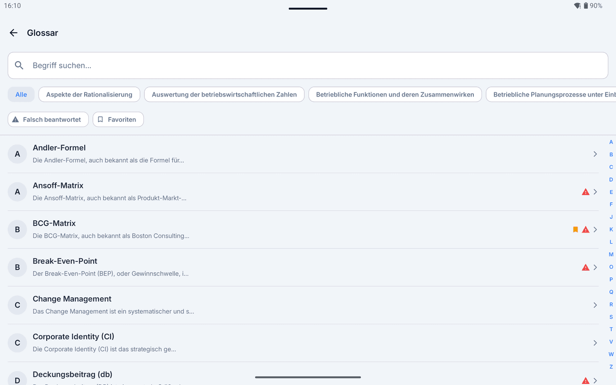 App-Screenshot im Querformat: Glossar-Übersicht mit Suchfeld, Kategoriefiltern und mehreren rot markierten Problemthemen