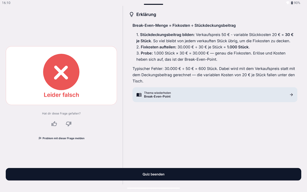 App-Screenshot: Erklärung zum Break-Even-Point mit vollständigem Rechenweg in drei Schritten und dem Hinweis auf den typischen Fehler
