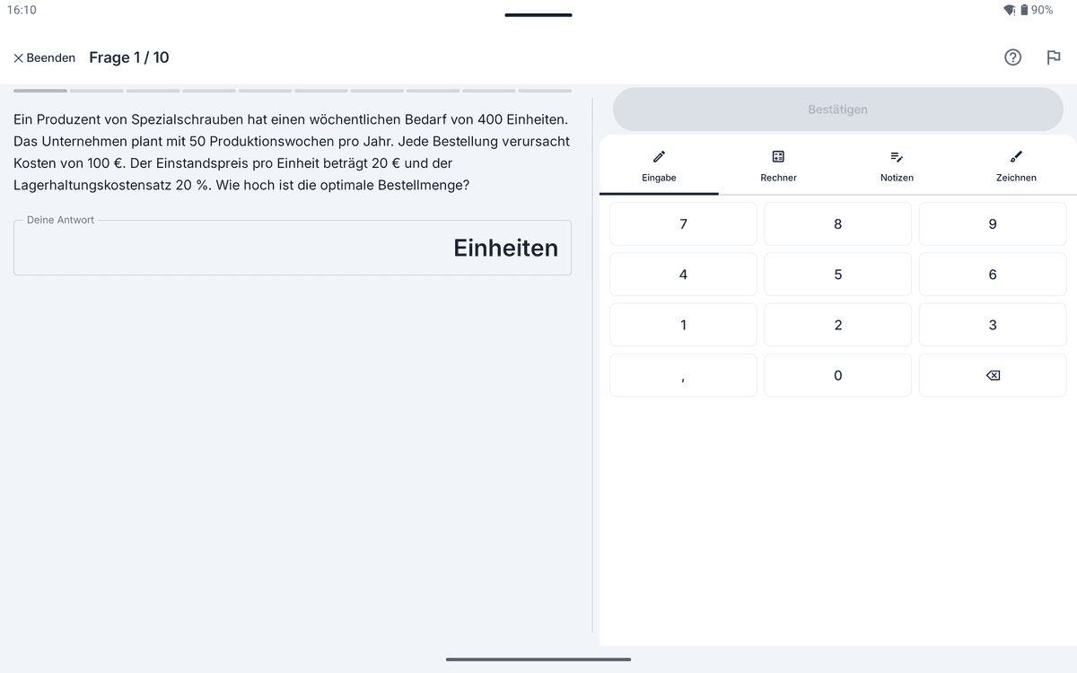 App-Screenshot auf dem Tablet: Rechenaufgabe zum Thema Andler-Formel – „Ein Produzent von Spezialschrauben hat einen wöchentlichen Bedarf von 400 Einheiten.“